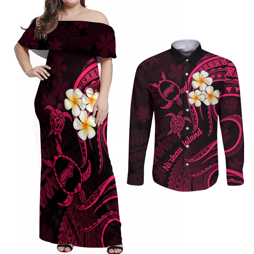 Hawaii Couples Off Shoulder Maxi Dress and Long Sleeve Button Shirts Niihau Islands Polynesian Sunset Plumeria Pink Vibe LT9 Pink - Polynesian Pride