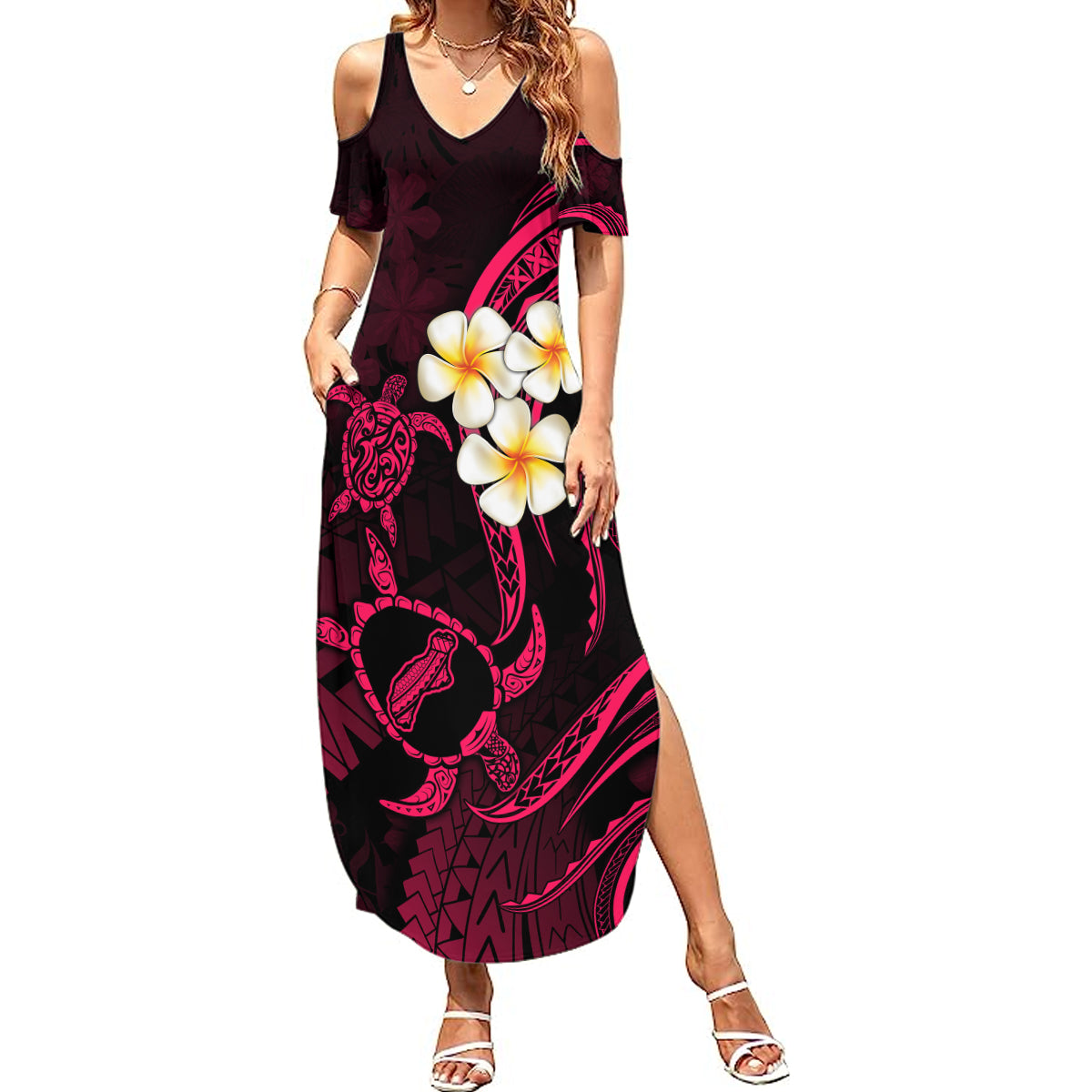 Hawaii Summer Maxi Dress Niihau Islands Polynesian Sunset Plumeria Pink Vibe LT9 Women Pink - Polynesian Pride