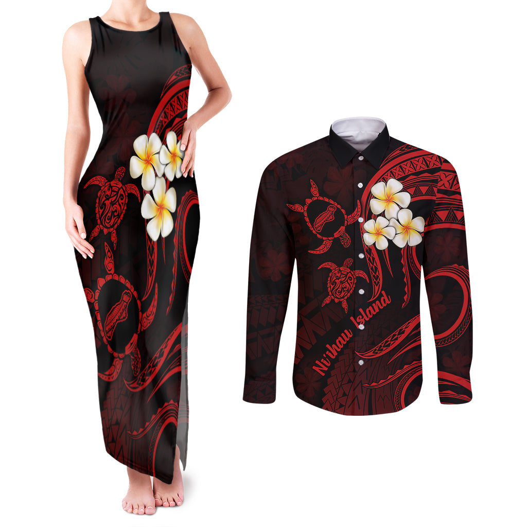 Polynesian Hawaii Couples Matching Tank Maxi Dress and Long Sleeve Button Shirts Niihau Islands with Pacific Plumeria Red Vibe LT9 Red - Polynesian Pride