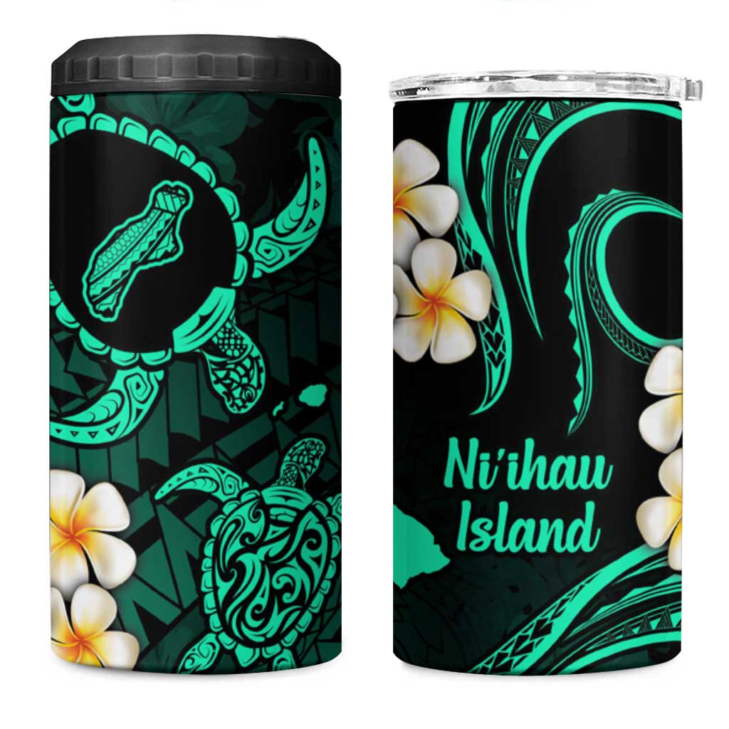 Hawaii Ni'ihau Islands Pacific Plumeria 4 in 1 Can Cooler Tumbler Turquoise Polynesian Tattoo