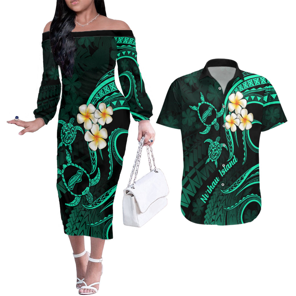 Polynesian Hawaii Couples Off The Shoulder Long Sleeve Dress and Hawaiian Shirt Niihau Islands with Pacific Plumeria Turquoise Vibe LT9 Turquoise - Polynesian Pride