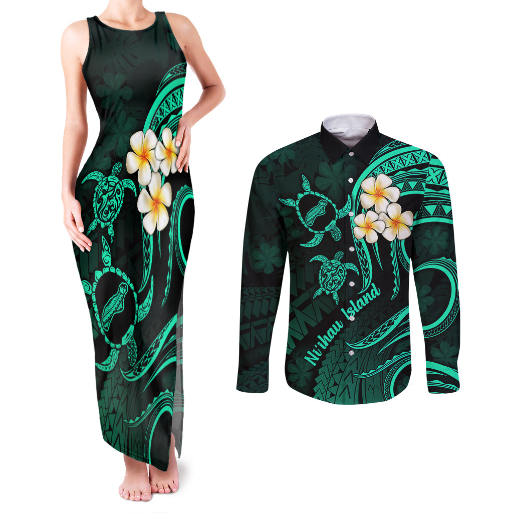 Polynesian Hawaii Couples Matching Tank Maxi Dress and Long Sleeve Button Shirts Niihau Islands with Pacific Plumeria Turquoise Vibe LT9 Turquoise - Polynesian Pride