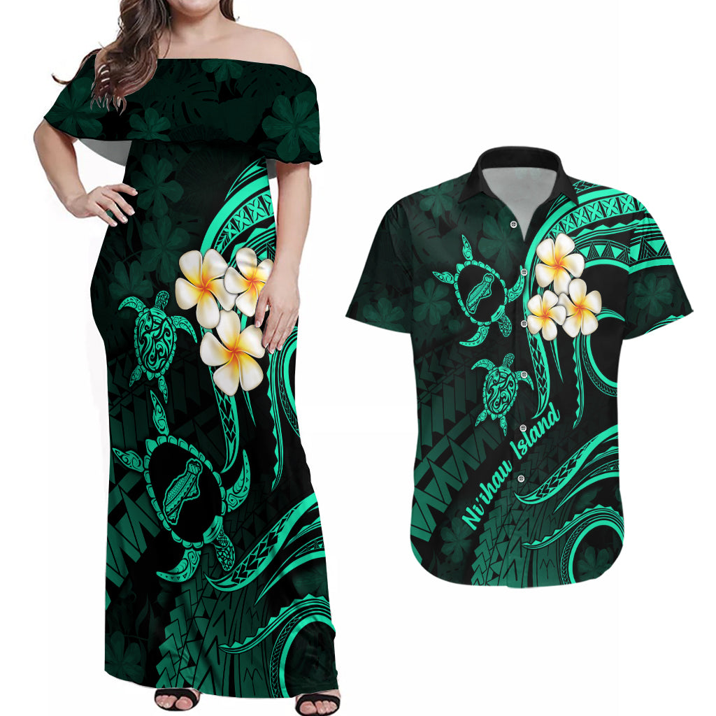 Polynesian Hawaii Couples Off Shoulder Maxi Dress and Hawaiian Shirt Niihau Islands with Pacific Plumeria Turquoise Vibe LT9 Turquoise - Polynesian Pride