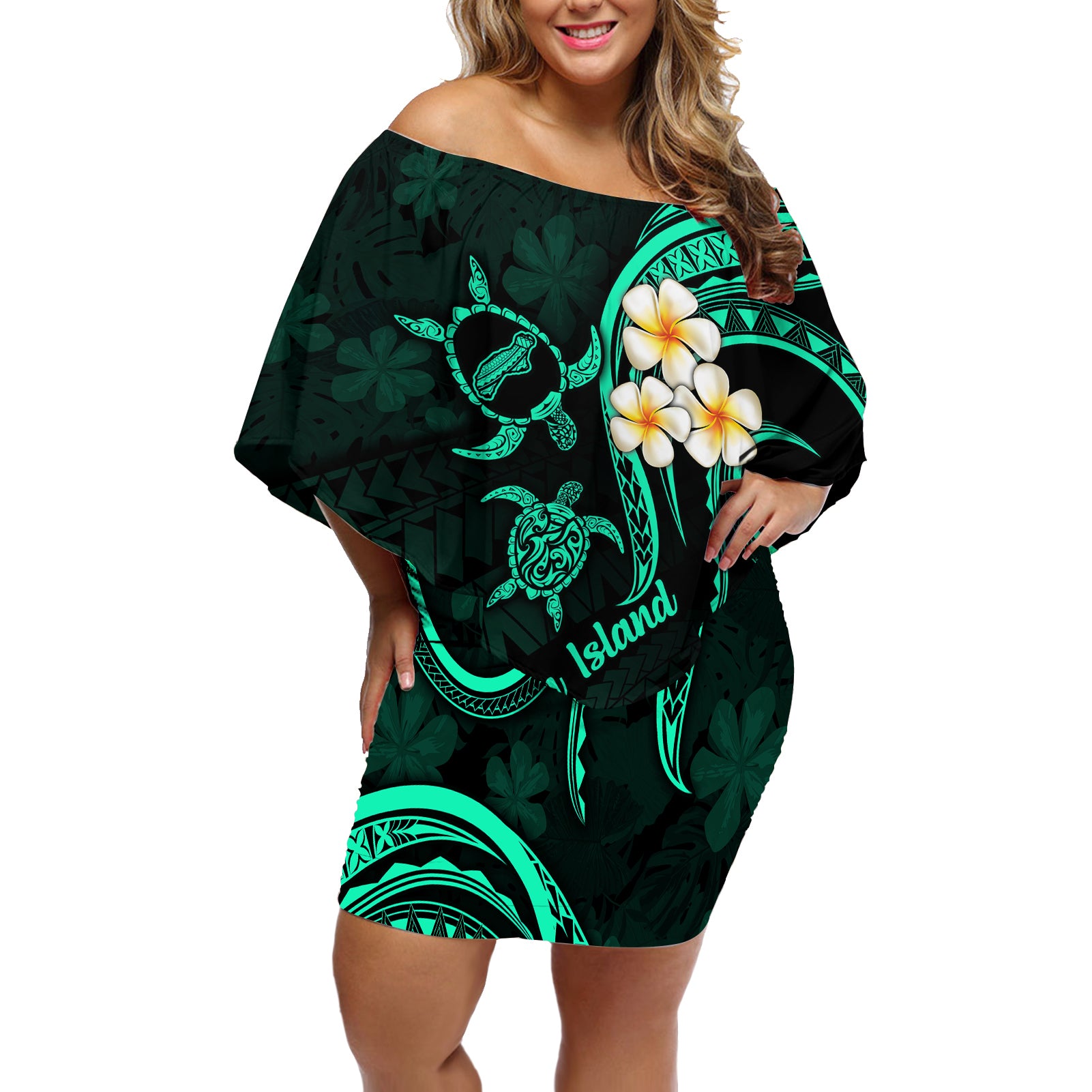 Polynesian Hawaii Off Shoulder Short Dress Niihau Islands with Pacific Plumeria Turquoise Vibe LT9 Women Turquoise - Polynesian Pride