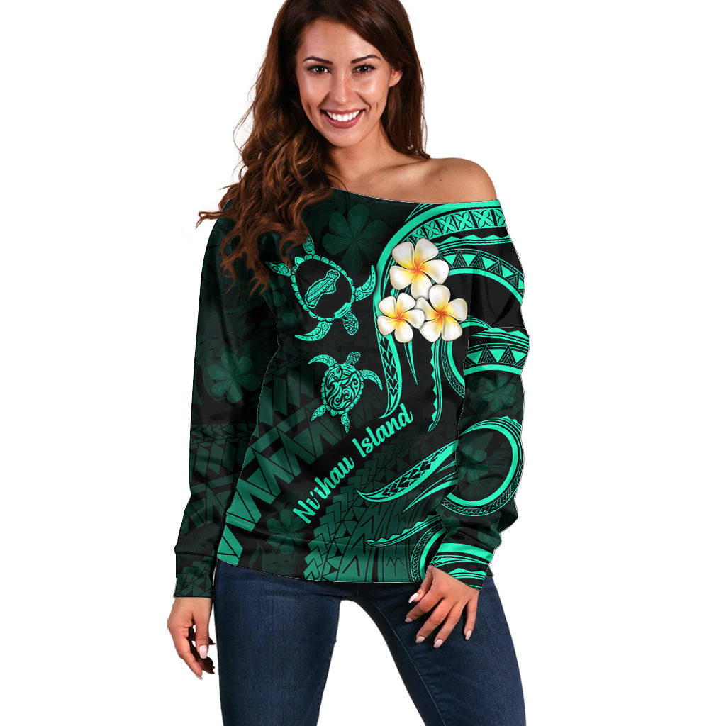 Polynesian Hawaii Off Shoulder Sweater Niihau Islands with Pacific Plumeria Turquoise Vibe LT9 Women Turquoise - Polynesian Pride