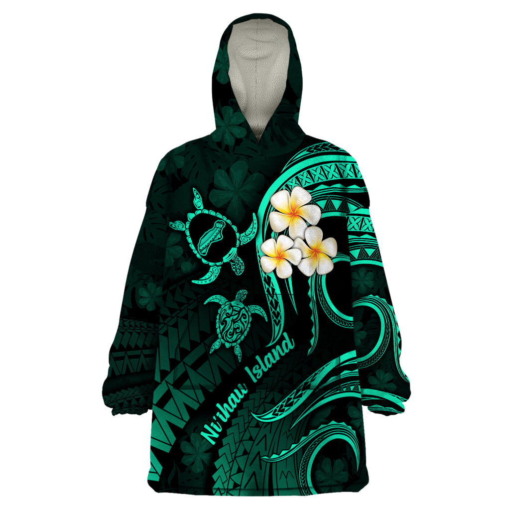 Polynesian Hawaii Wearable Blanket Hoodie Niihau Islands with Pacific Plumeria Turquoise Vibe LT9 One Size Turquoise - Polynesian Pride