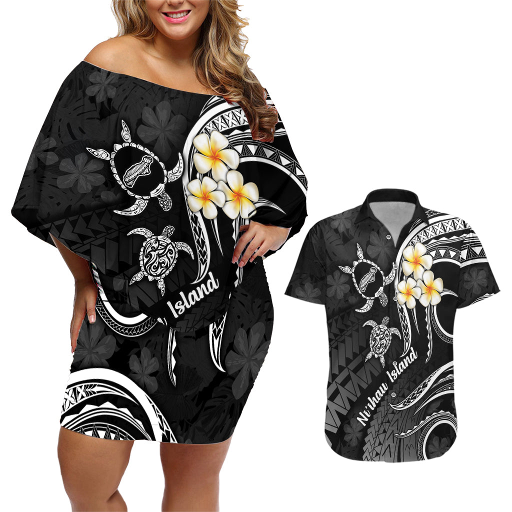 Polynesian Hawaii Couples Off Shoulder Short Dress and Hawaiian Shirt Niihau Islands with Pacific Plumeria White Vibe LT9 White - Polynesian Pride