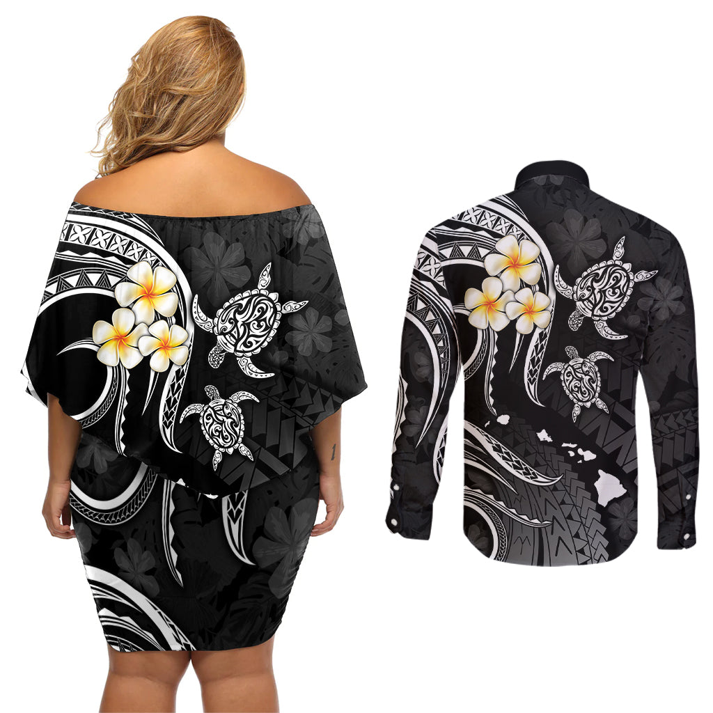 Polynesian Hawaii Couples Off Shoulder Short Dress and Long Sleeve Button Shirts Niihau Islands with Pacific Plumeria White Vibe LT9 - Polynesian Pride