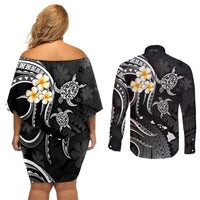 Polynesian Hawaii Couples Off Shoulder Short Dress and Long Sleeve Button Shirts Niihau Islands with Pacific Plumeria White Vibe LT9 - Polynesian Pride