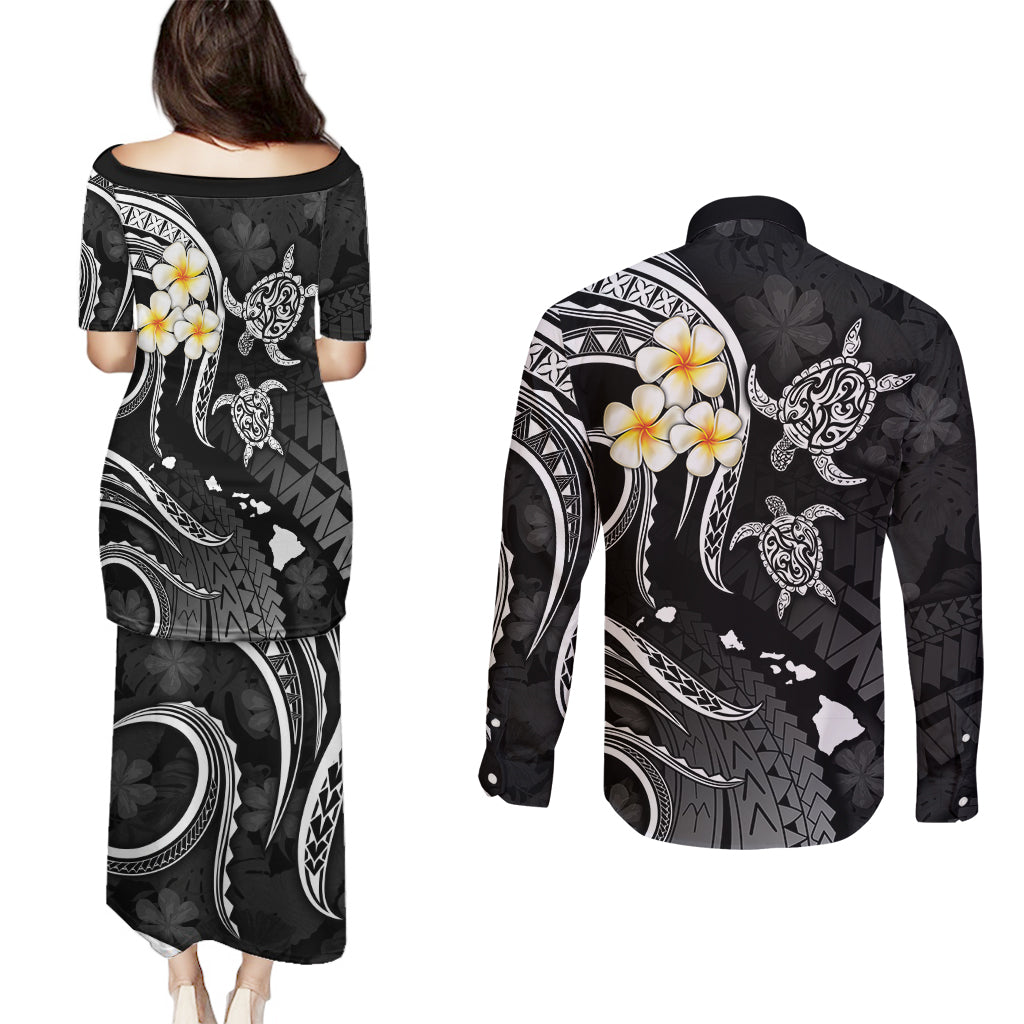 Polynesian Hawaii Couples Puletasi Dress and Long Sleeve Button Shirts Niihau Islands with Pacific Plumeria White Vibe LT9 - Polynesian Pride