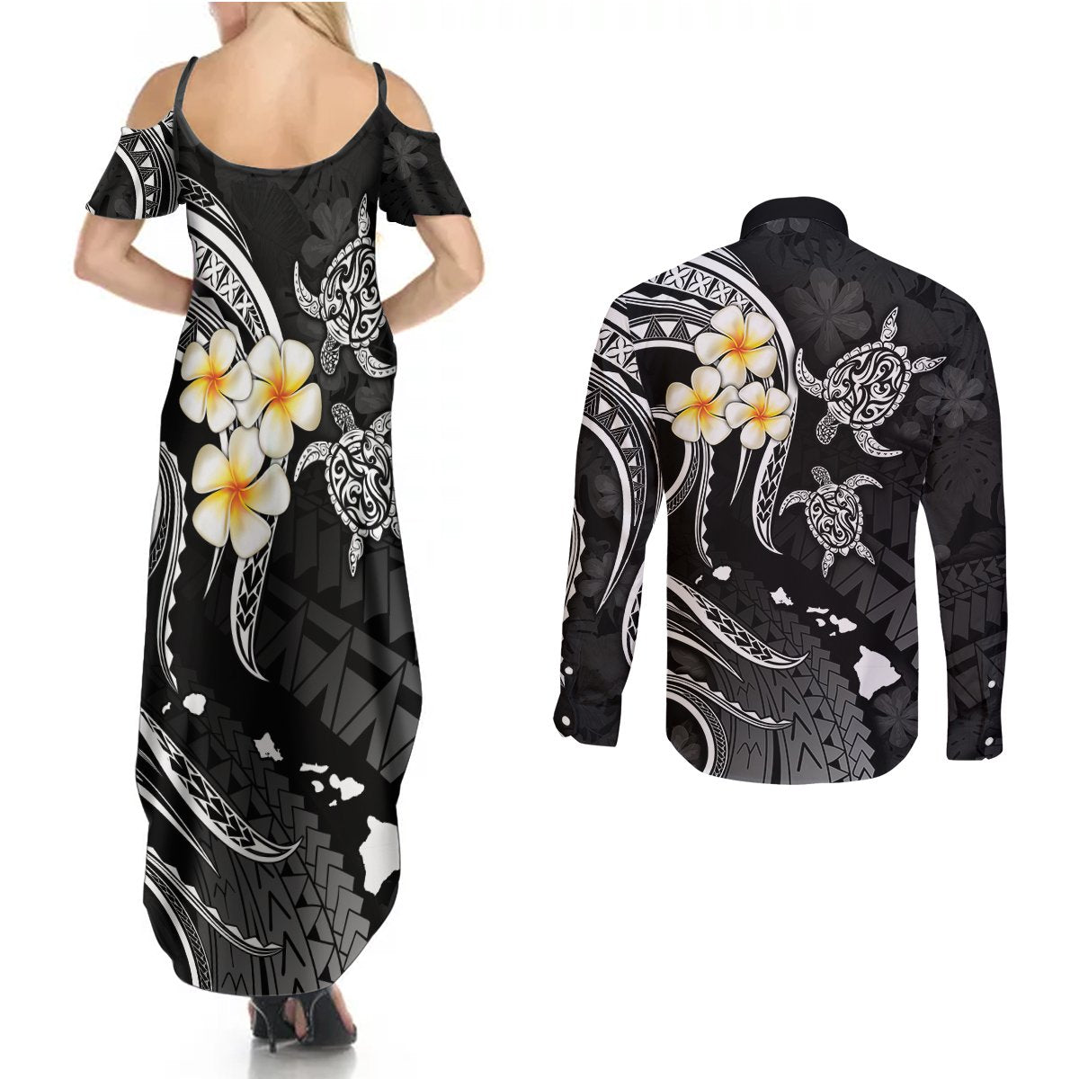 Polynesian Hawaii Couples Summer Maxi Dress and Long Sleeve Button Shirts Niihau Islands with Pacific Plumeria White Vibe LT9 - Polynesian Pride