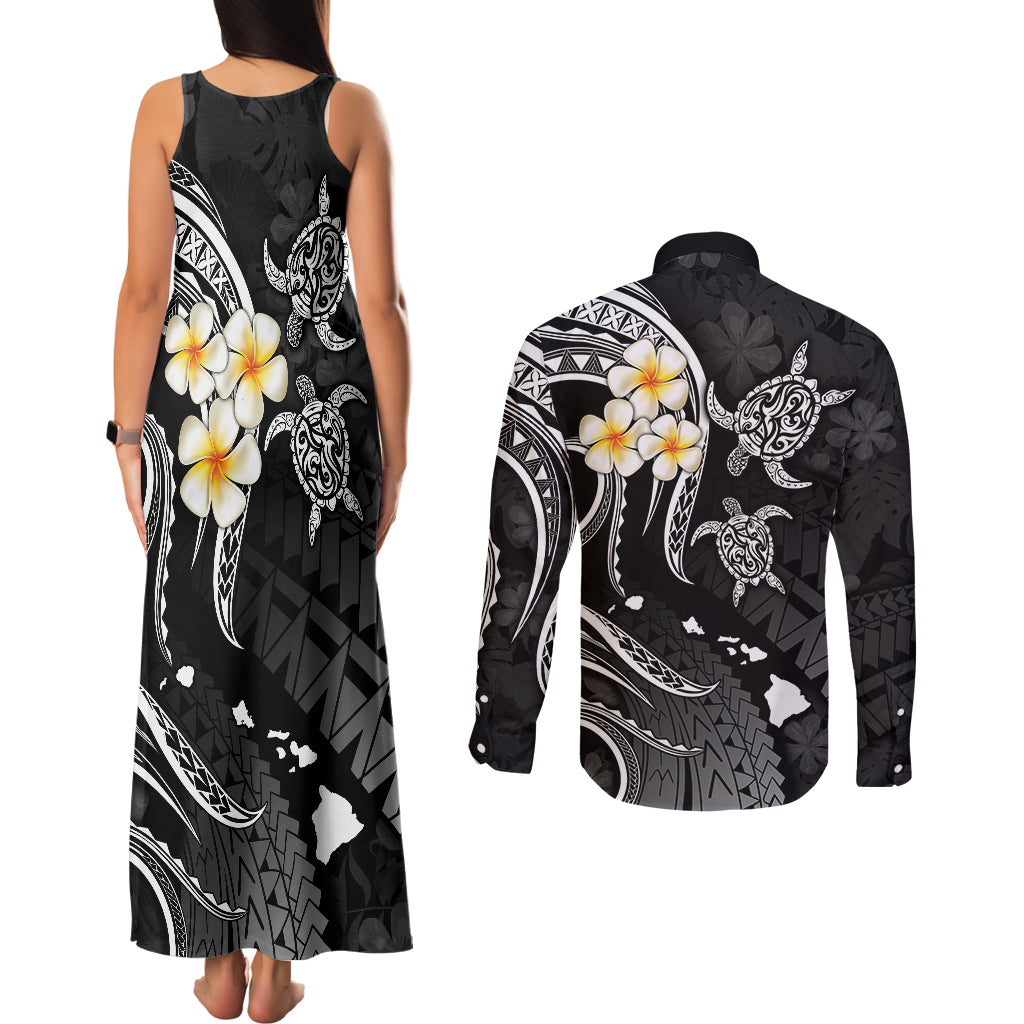 Polynesian Hawaii Couples Matching Tank Maxi Dress and Long Sleeve Button Shirts Niihau Islands with Pacific Plumeria White Vibe LT9 - Polynesian Pride
