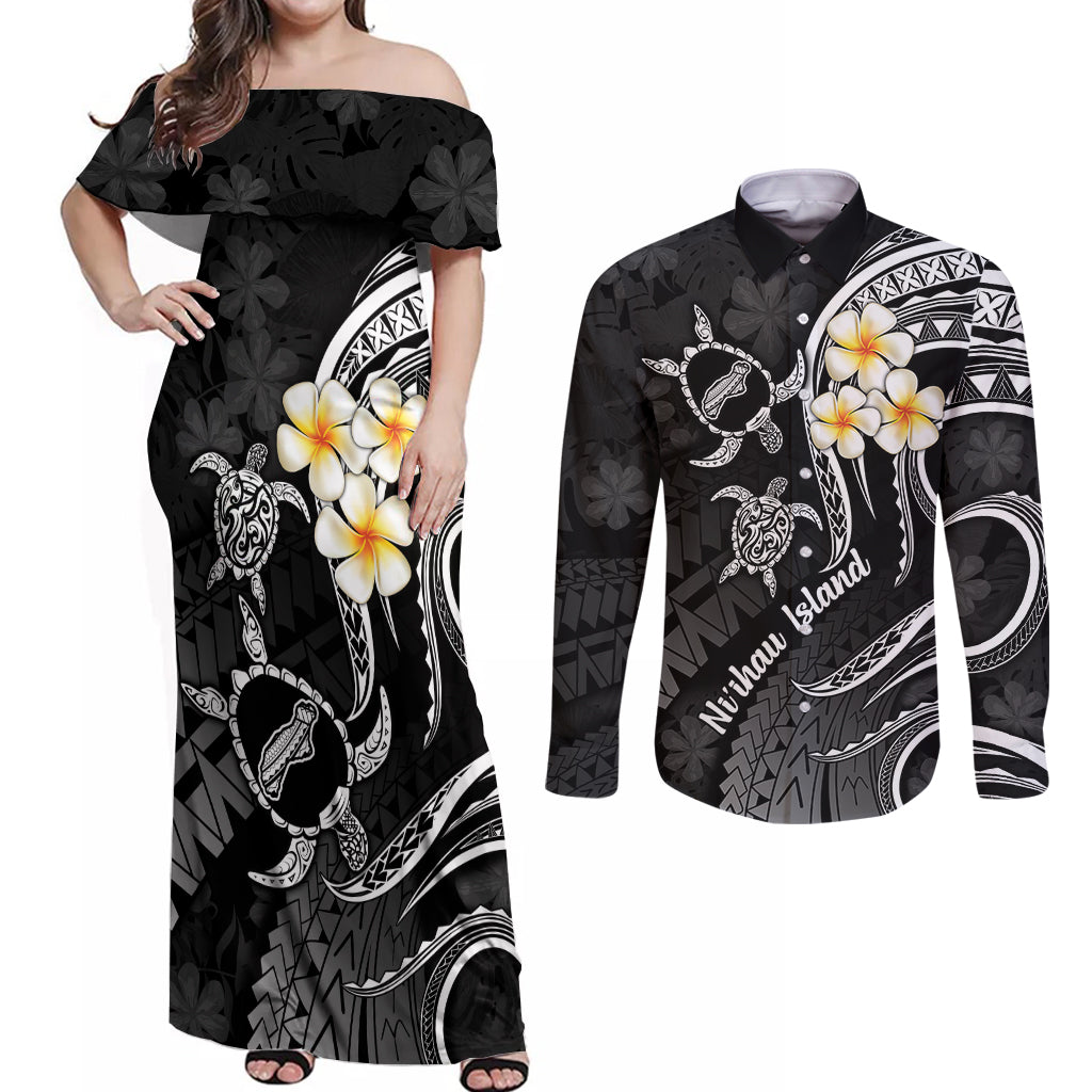 Polynesian Hawaii Couples Off Shoulder Maxi Dress and Long Sleeve Button Shirts Niihau Islands with Pacific Plumeria White Vibe LT9 White - Polynesian Pride