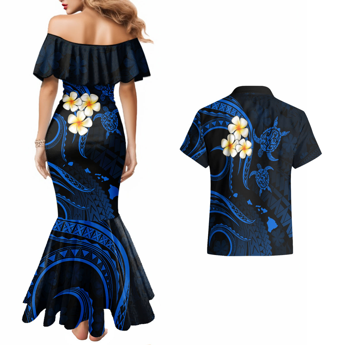 Hawaii Couples Mermaid Dress And Hawaiian Shirt Molokai Islands Polynesian Sunset Plumeria Blue Vibe LT9 - Polynesian Pride