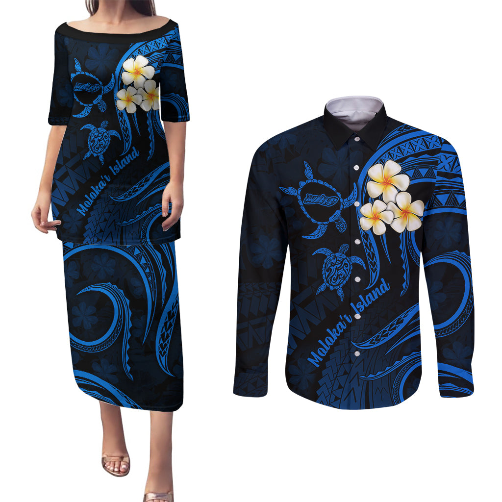 Hawaii Couples Puletasi Dress and Long Sleeve Button Shirts Molokai Islands Polynesian Sunset Plumeria Blue Vibe LT9 Blue - Polynesian Pride