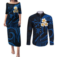 Hawaii Couples Puletasi Dress and Long Sleeve Button Shirts Molokai Islands Polynesian Sunset Plumeria Blue Vibe LT9 Blue - Polynesian Pride