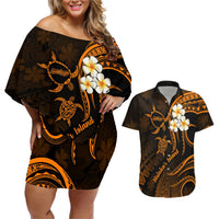 Hawaii Couples Off Shoulder Short Dress and Hawaiian Shirt Molokai Islands Polynesian Sunset Plumeria Gold Vibe LT9 Gold - Polynesian Pride