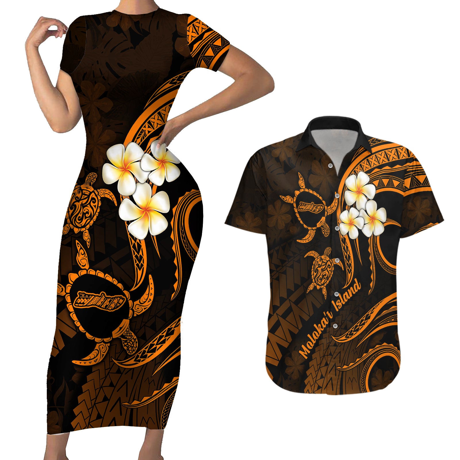 Hawaii Couples Short Sleeve Bodycon Dress and Hawaiian Shirt Molokai Islands Polynesian Sunset Plumeria Gold Vibe LT9 Gold - Polynesian Pride