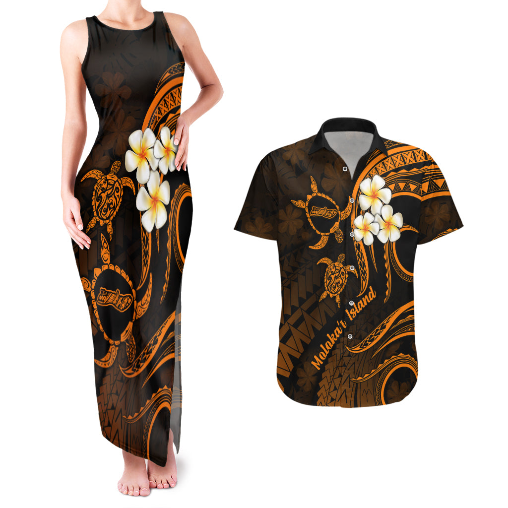 Hawaii Couples Matching Tank Maxi Dress And Hawaiian Shirt Molokai Islands Polynesian Sunset Plumeria Gold Vibe LT9 Gold - Polynesian Pride