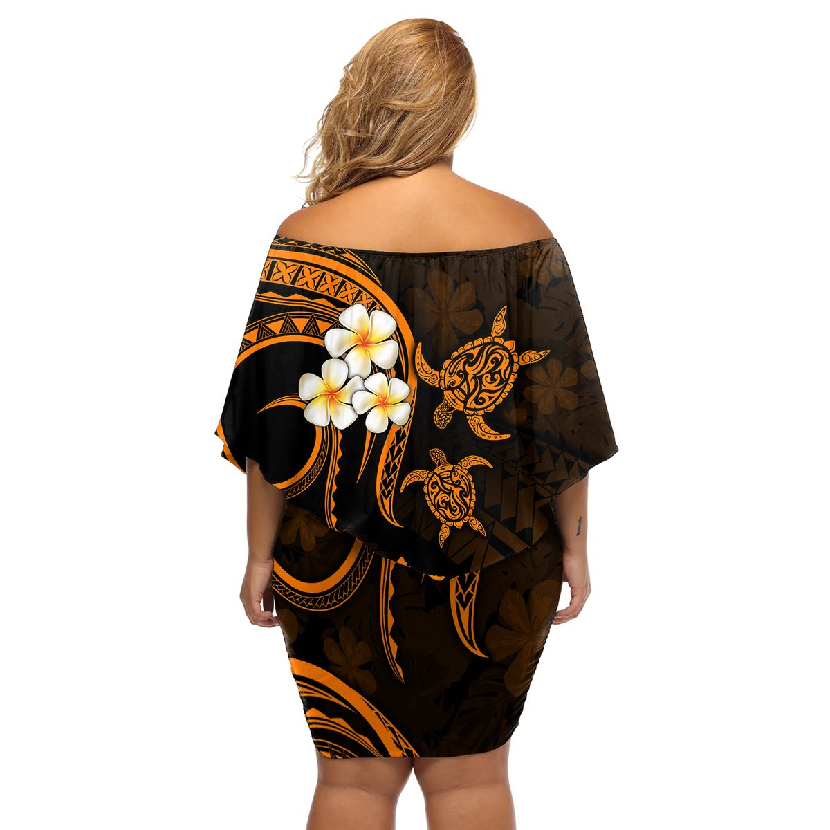 Hawaii Off Shoulder Short Dress Molokai Islands Polynesian Sunset Plumeria Gold Vibe LT9 - Polynesian Pride