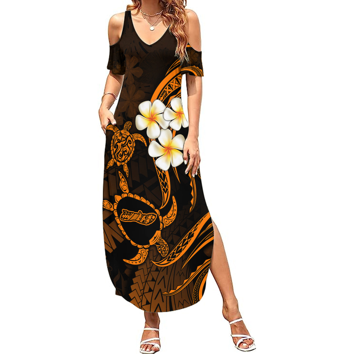 Hawaii Summer Maxi Dress Molokai Islands Polynesian Sunset Plumeria Gold Vibe LT9 Women Gold - Polynesian Pride