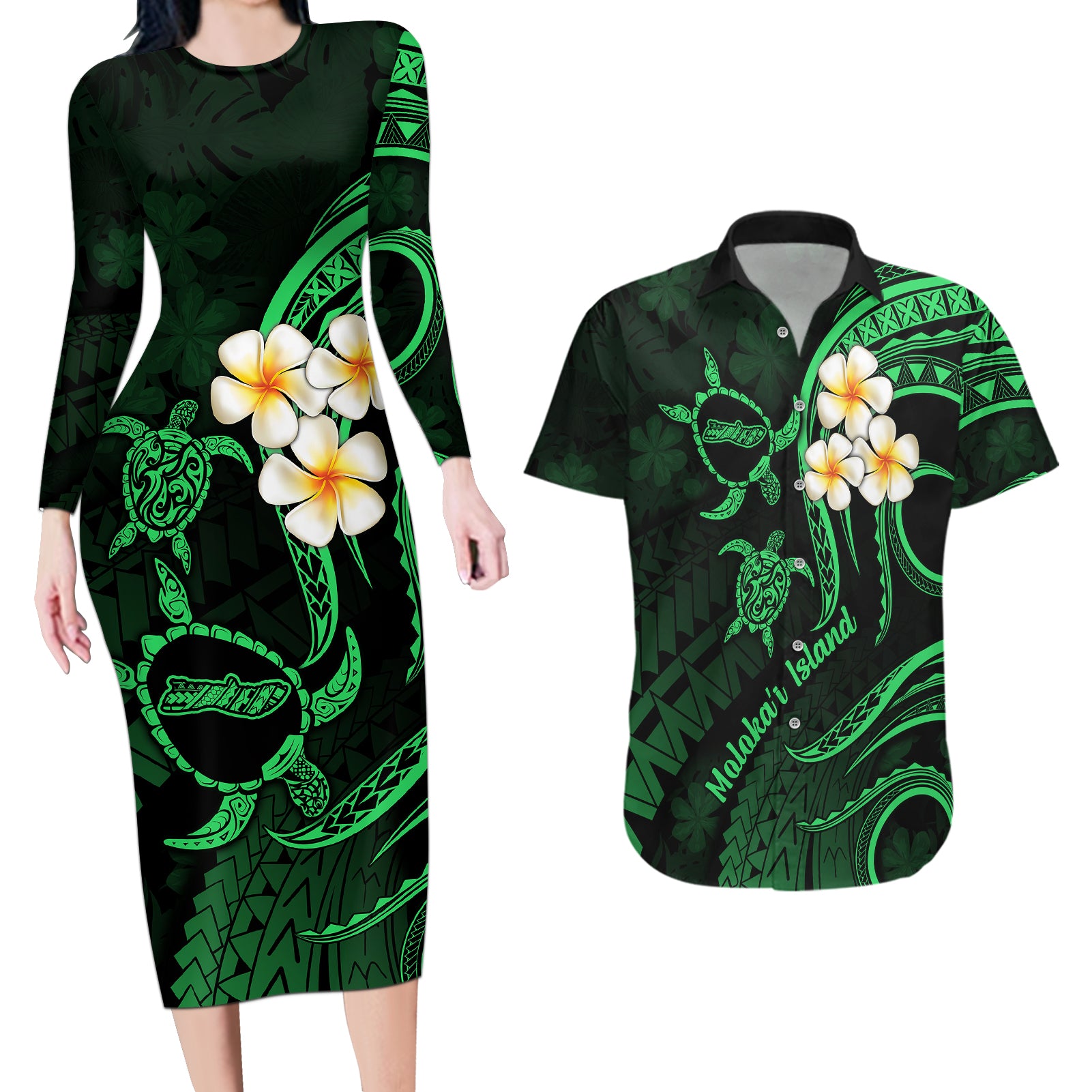 Hawaii Couples Long Sleeve Bodycon Dress and Hawaiian Shirt Molokai Islands Polynesian Sunset Plumeria Green Vibe LT9 Green - Polynesian Pride