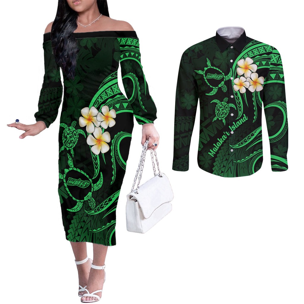 Hawaii Couples Off The Shoulder Long Sleeve Dress and Long Sleeve Button Shirts Molokai Islands Polynesian Sunset Plumeria Green Vibe LT9 Green - Polynesian Pride