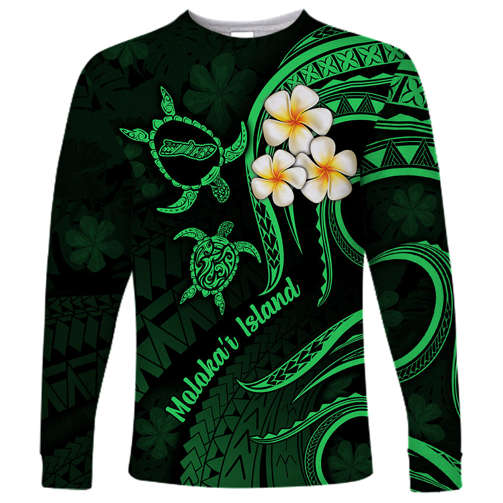 Hawaii Long Sleeve Shirt Molokai Islands Polynesian Sunset Plumeria Green Vibe LT9 Unisex Green - Polynesian Pride