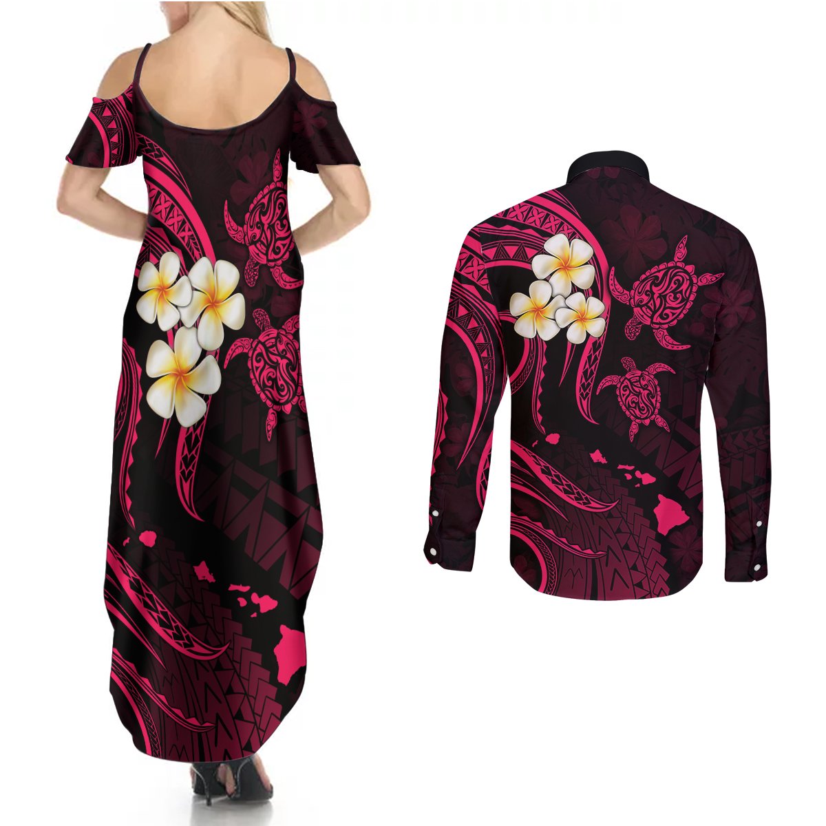 Hawaii Couples Summer Maxi Dress and Long Sleeve Button Shirts Molokai Islands Polynesian Sunset Plumeria Pink Vibe LT9 - Polynesian Pride