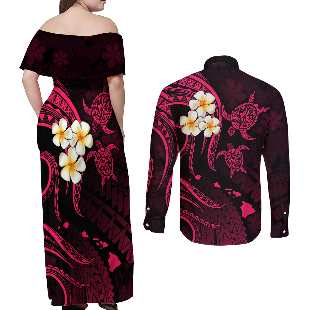 Hawaii Couples Off Shoulder Maxi Dress and Long Sleeve Button Shirts Molokai Islands Polynesian Sunset Plumeria Pink Vibe LT9 - Polynesian Pride