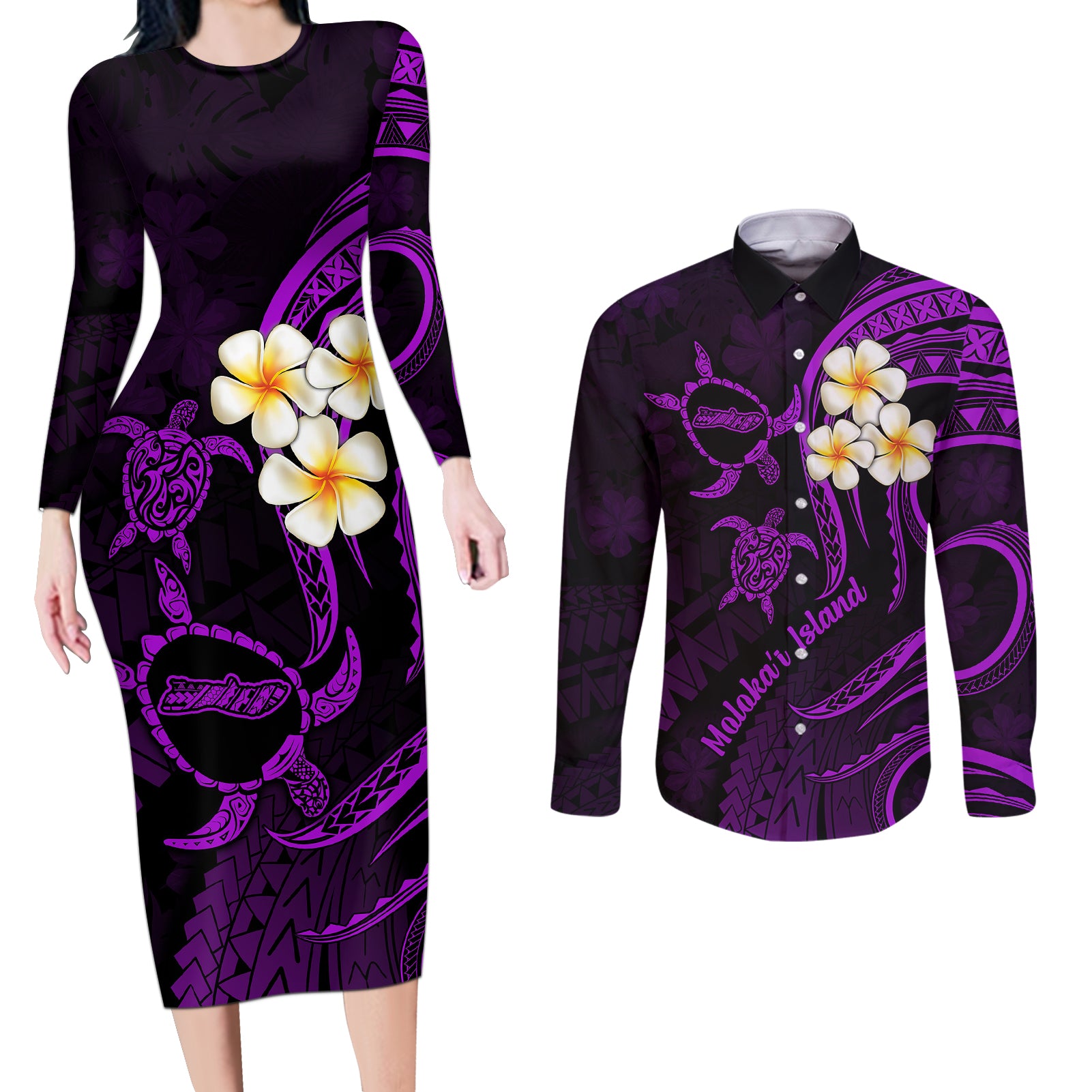 Polynesian Hawaii Couples Long Sleeve Bodycon Dress and Long Sleeve Button Shirts Molokai Islands with Pacific Plumeria Purple Vibe LT9 Purple - Polynesian Pride