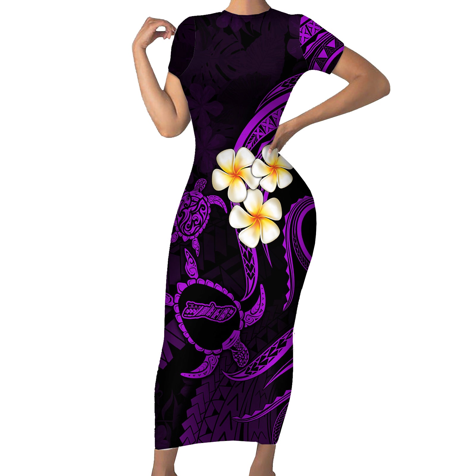 Polynesian Hawaii Short Sleeve Bodycon Dress Molokai Islands with Pacific Plumeria Purple Vibe LT9 Long Dress Purple - Polynesian Pride