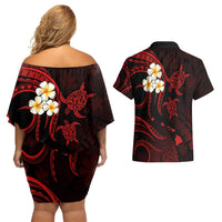 Polynesian Hawaii Couples Off Shoulder Short Dress and Hawaiian Shirt Molokai Islands with Pacific Plumeria Red Vibe LT9 - Polynesian Pride