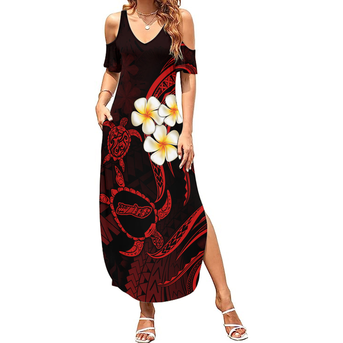 Polynesian Hawaii Summer Maxi Dress Molokai Islands with Pacific Plumeria Red Vibe LT9 Women Red - Polynesian Pride