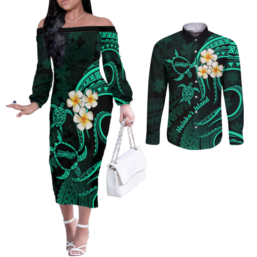 Polynesian Hawaii Couples Off The Shoulder Long Sleeve Dress and Long Sleeve Button Shirts Molokai Islands with Pacific Plumeria Turquoise Vibe LT9 Turquoise - Polynesian Pride