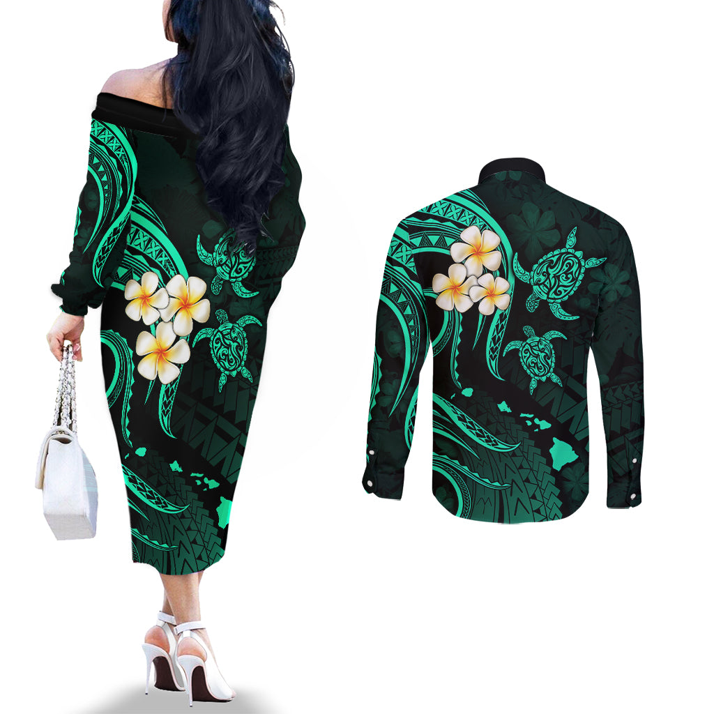 Polynesian Hawaii Couples Off The Shoulder Long Sleeve Dress and Long Sleeve Button Shirts Molokai Islands with Pacific Plumeria Turquoise Vibe LT9 - Polynesian Pride