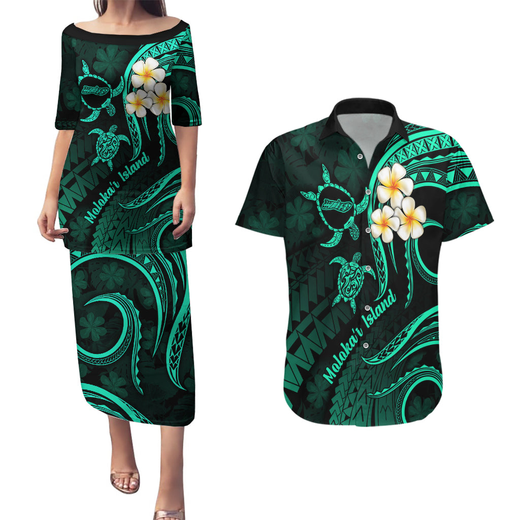 Polynesian Hawaii Couples Puletasi Dress and Hawaiian Shirt Molokai Islands with Pacific Plumeria Turquoise Vibe LT9 Turquoise - Polynesian Pride