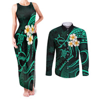 Polynesian Hawaii Couples Matching Tank Maxi Dress and Long Sleeve Button Shirts Molokai Islands with Pacific Plumeria Turquoise Vibe LT9 Turquoise - Polynesian Pride