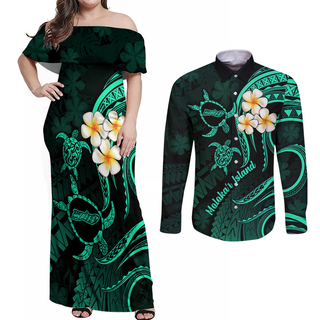 Polynesian Hawaii Couples Off Shoulder Maxi Dress and Long Sleeve Button Shirts Molokai Islands with Pacific Plumeria Turquoise Vibe LT9 Turquoise - Polynesian Pride