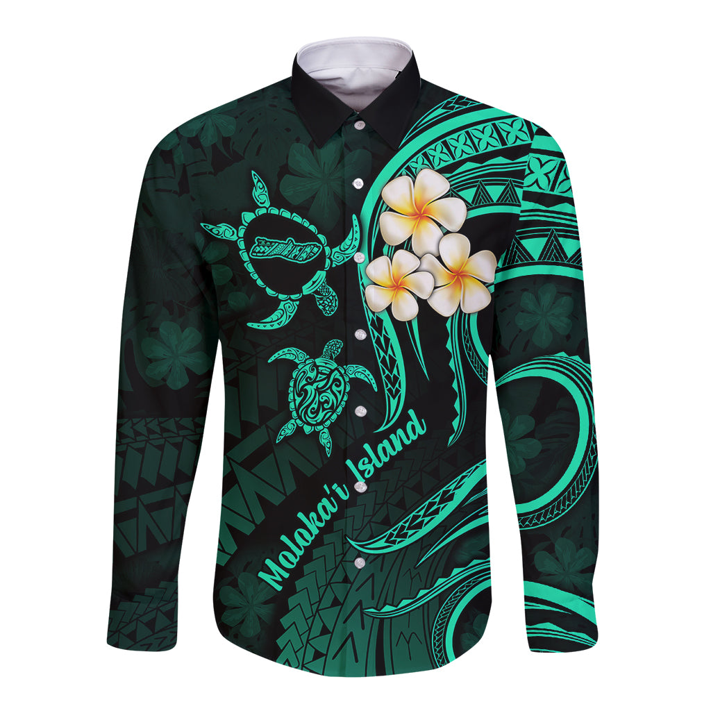 Polynesian Hawaii Long Sleeve Button Shirt Molokai Islands with Pacific Plumeria Turquoise Vibe LT9 Unisex Turquoise - Polynesian Pride