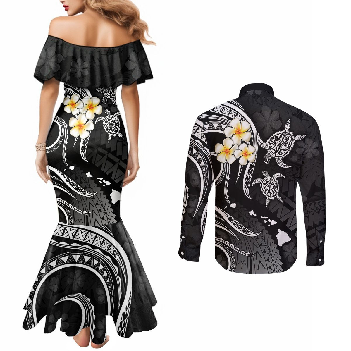 Polynesian Hawaii Couples Mermaid Dress and Long Sleeve Button Shirts Molokai Islands with Pacific Plumeria White Vibe LT9 - Polynesian Pride