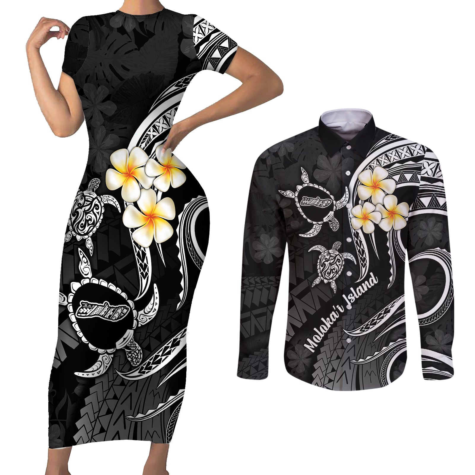 Polynesian Hawaii Couples Short Sleeve Bodycon Dress and Long Sleeve Button Shirts Molokai Islands with Pacific Plumeria White Vibe LT9 White - Polynesian Pride