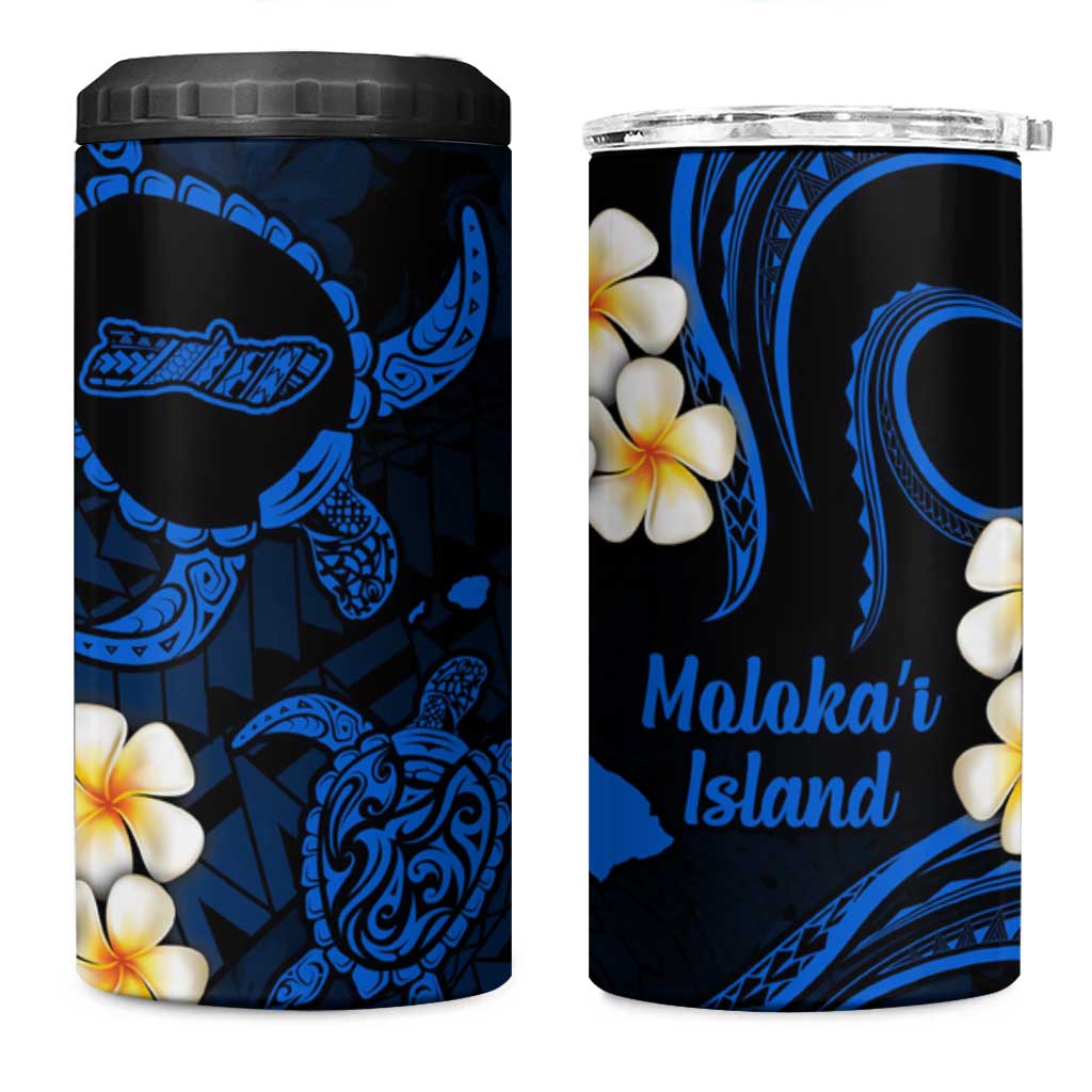 Hawaii Molokaʻi Islands Pacific Plumeria 4 in 1 Can Cooler Tumbler Blue Polynesian Tattoo