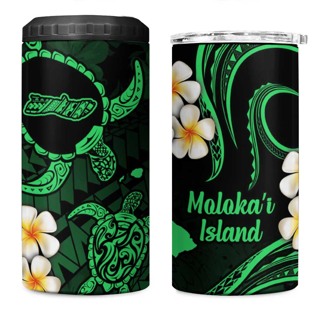 Hawaii Molokaʻi Islands Pacific Plumeria 4 in 1 Can Cooler Tumbler Green Polynesian Tattoo