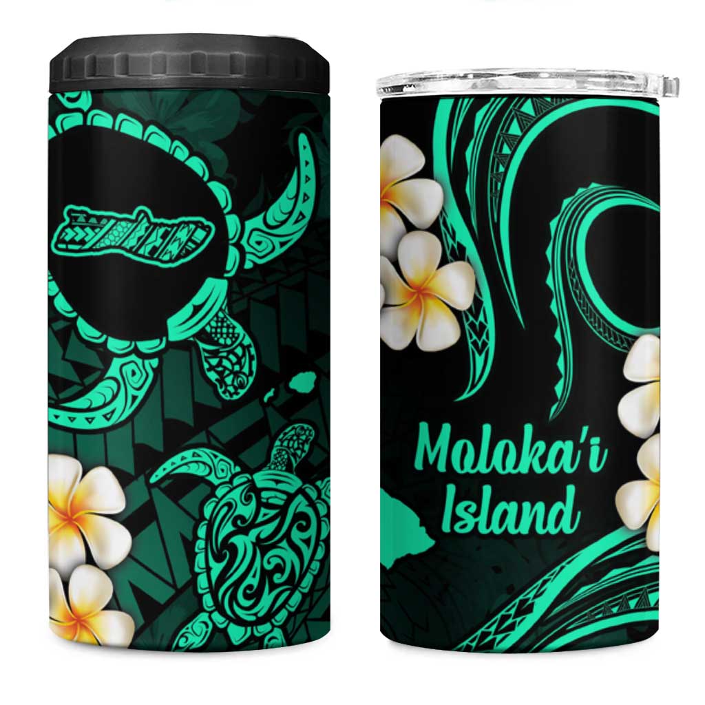 Hawaii Molokaʻi Islands Pacific Plumeria 4 in 1 Can Cooler Tumbler Turquoise Polynesian Tattoo