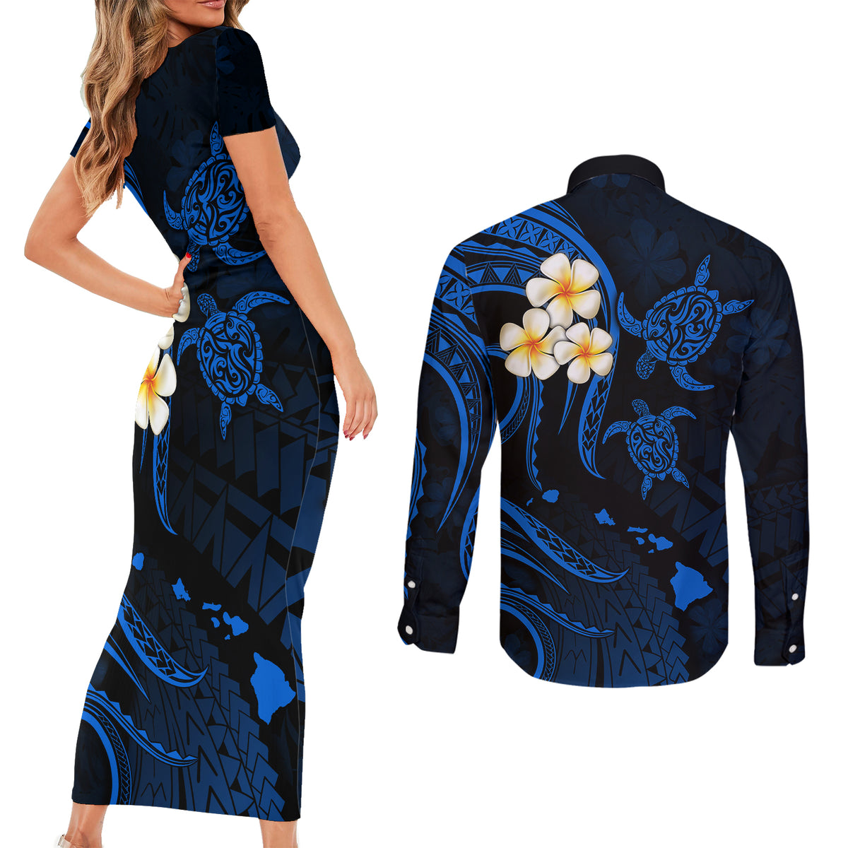 Hawaii Couples Short Sleeve Bodycon Dress and Long Sleeve Button Shirts Lanai Islands Polynesian Sunset Plumeria Blue Vibe LT9 - Polynesian Pride