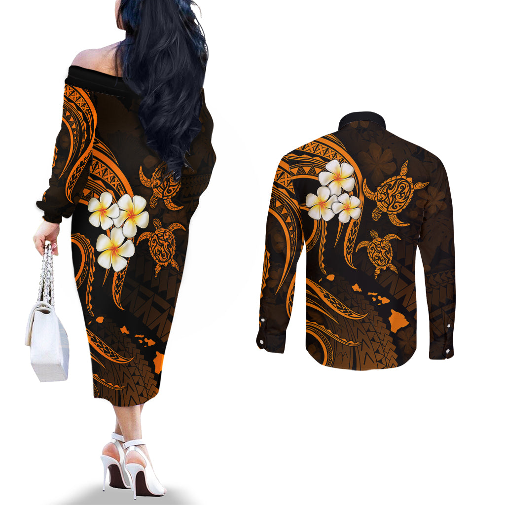 Hawaii Couples Off The Shoulder Long Sleeve Dress and Long Sleeve Button Shirts Lanai Islands Polynesian Sunset Plumeria Gold Vibe LT9 - Polynesian Pride