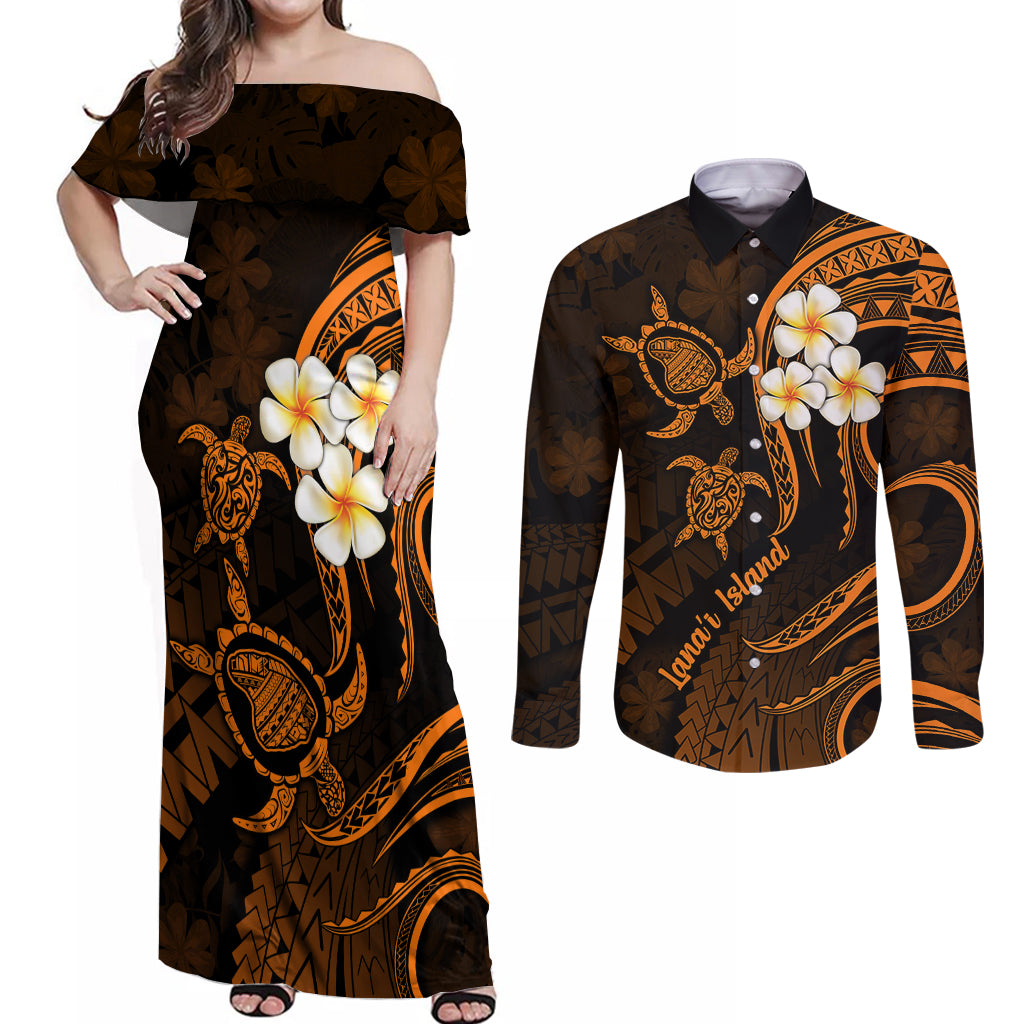 Hawaii Couples Off Shoulder Maxi Dress and Long Sleeve Button Shirts Lanai Islands Polynesian Sunset Plumeria Gold Vibe LT9 Gold - Polynesian Pride