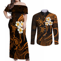 Hawaii Couples Off Shoulder Maxi Dress and Long Sleeve Button Shirts Lanai Islands Polynesian Sunset Plumeria Gold Vibe LT9 Gold - Polynesian Pride