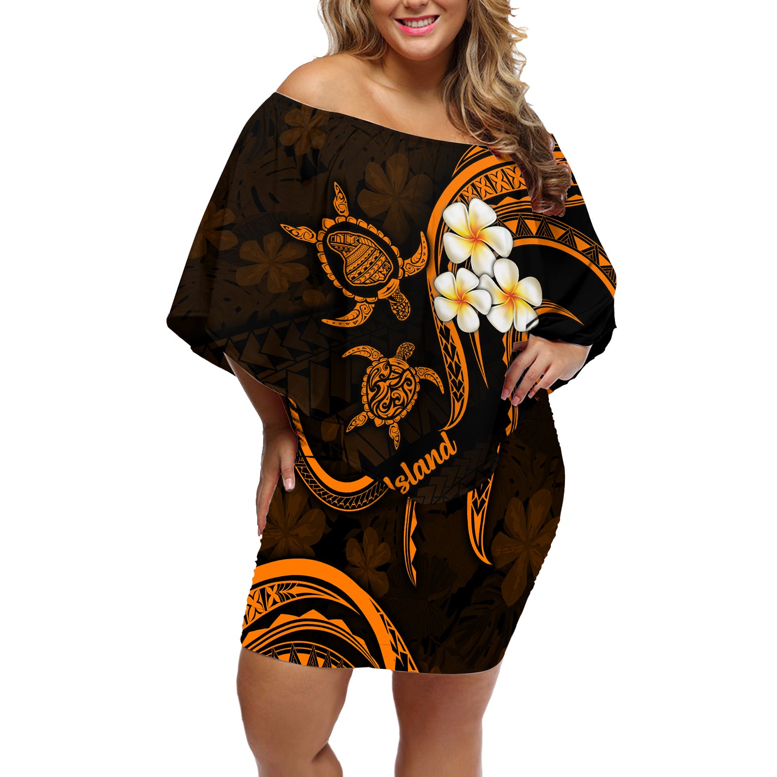 Hawaii Off Shoulder Short Dress Lanai Islands Polynesian Sunset Plumeria Gold Vibe LT9 Women Gold - Polynesian Pride